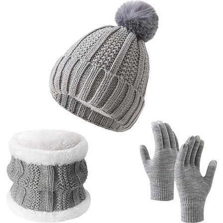 Hansker, lue og skjerf - tredelt sett - vinterstrikk - foret med fleece og fortykket - varm og kuldebestandig - grå