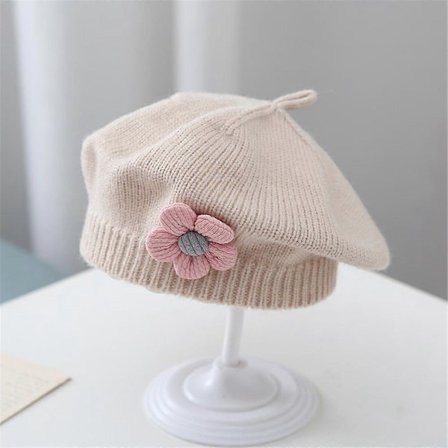 Små Flickor Vinter Varma Franska Baskrar Hattar med Blommor Småbarn Baby Barn Bonnet Hatt Stickad Ull Konstnär Målarmössa (D)