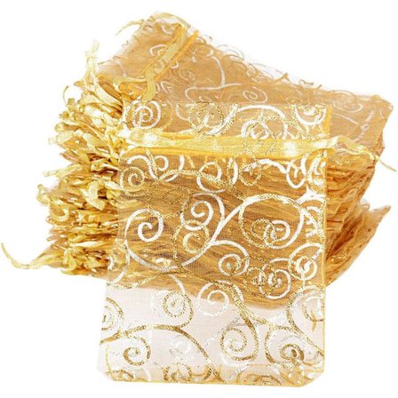 100 st (Gyllene mönstrad vit) Organza Dragkedja Påsar Smycken