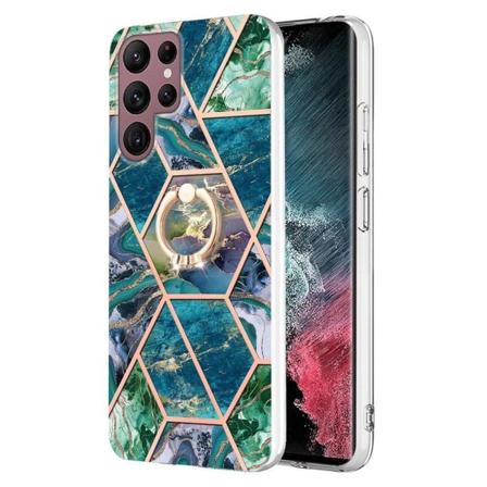 Marble Patterned Suojakuori With Ring Holder For Samsung Galaxy S22 Ultra - Sininen / Vihreä Blue
