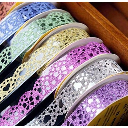 Washi Tape, Spetsmönster Glitter Bling Självhäftande Tejp, Maskering DIY Scrapbooking Spets Tejp Dekal 6 Rullar Färg Slumpmässigt