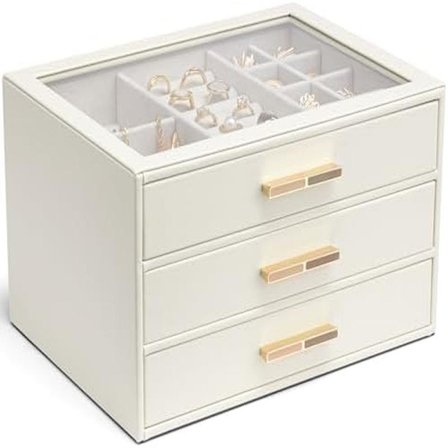 Smykkeskrin til kvinder, smykkeorganisator med glaslåg og 3 skuffer til halskæder, ringe, øreringe, armbånd - Hvid-FX-
