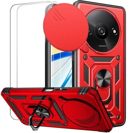 Coque - E.F.CONNECTION - För Xiaomi Redmi A3 - Stöttålig Bläckfisk - Rotating Ring Stöd - 2 Härdat Glas