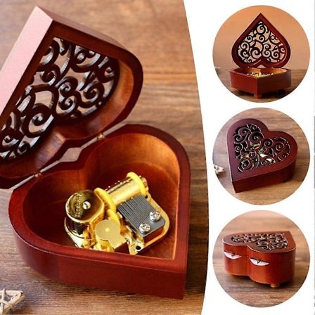 Sydämenmuotoinen vintage puukaiverrettu mekanismi soittorasia, vedettävä musiikkilaatikko lahjaksi (FMY)