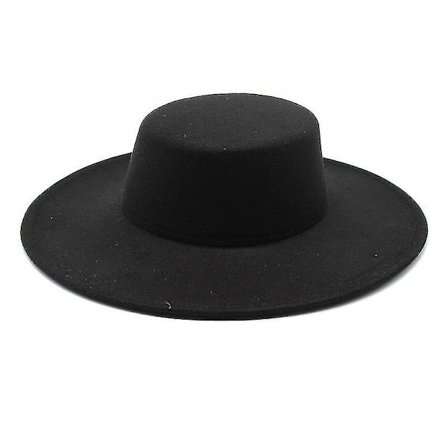 2023 Ny förtjockad unisex fedora hatt med 10 cm bredd ullfilt platt topphatt bred brätte filthatt (M 56-58 cm, svart)
