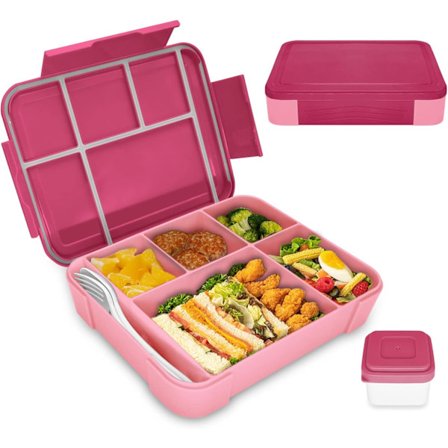 Bento Madkasse Lade, Bento Madkasse Voksne med 5 Rum og 1 Salatdressingbeholder, Snackboks til Børn og Voksne Arbejde Skole Pink