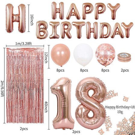 Födelsedagsfest ballongset, 18 år gammal vuxen present ballongset, paljettballong tofs banderoll, kan användas för festdekoration (rosguld)