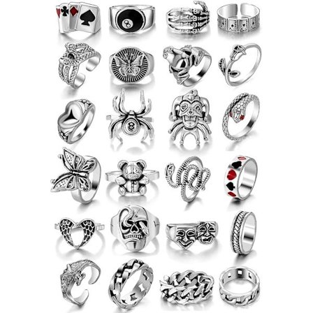 24 st Vintage Silver Knuckle Rings Set för Kvinnor Män, Grunge Gothic Rings Chunky Aesthetic Snake Stapelbara Justerbara Punk Bulky Finger Alt Fairy 