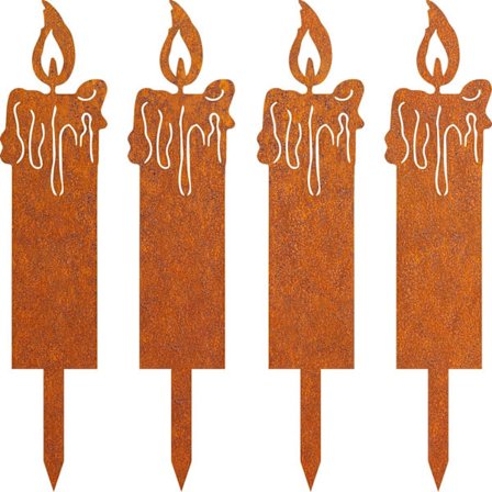 Rustfarvet stik, stearinlys, juledekoration, 4 stk., rustfarvede havestik, lysgruppe, jule-/efterårsdekoration til udendørs brug