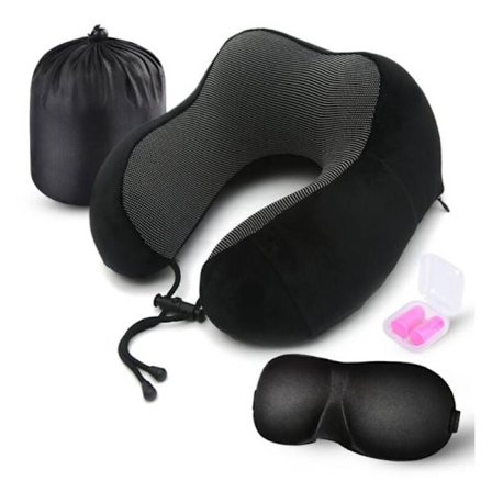 Reisepute, cervical pute 100% memory foam, med komfortabelt og pustende trekk, oppfriskende pute for flyreiser, med 3D-øyemaske, hatt