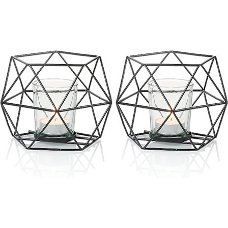 2 stk. sorte geometriske telysestaker med glasslykter, bryllupsdekorasjon for bordpynt, metalltråd telys