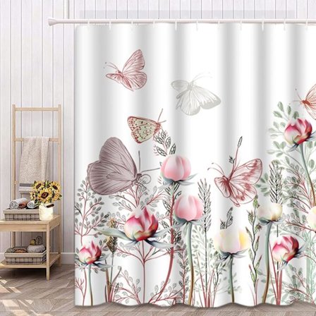 Fjärilsduschdraperi 72 x 72 tum, akvarellblommig rosa pionduschdraperi blommig botanisk duschdraperi vår badrumsdekor