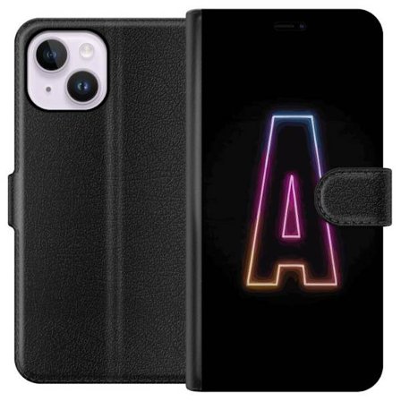 Yhteensopiva Lompakkokotelo Apple Apple iPhone 15 Plus Minimalistinen neonkirjain A sateenkaarenvärisessä valossa mustaa taustaa vasten modernissa t