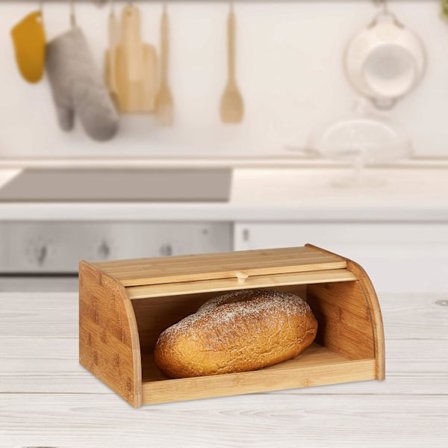 Brødboks i bambus 16,5 x 40 x 27,5 cm, brødboks med rulletopp, brødboks med lukker, brødboks i tre, brødboks i metall, naturlig