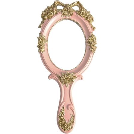 Vintage Håndspejl med Håndtag - Sød Prinsesse Rosa Ros Kosmetisk Håndspejl pink