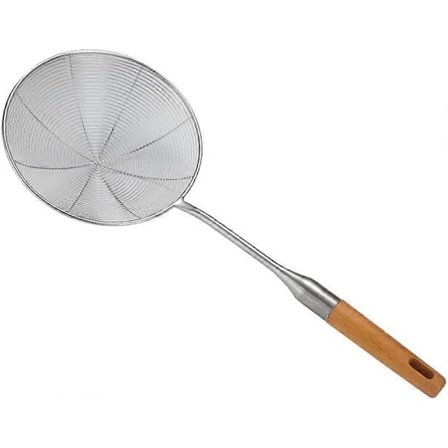 Skimmer för kök i rostfritt stål, 16 cm bred spindelskimmer med trähandtag, skimmer slev i rostfritt stål för matlagning