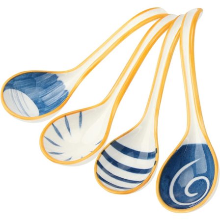 4 stk japanske keramiske suppeskjeer sett asiatisk retro Japan keramiske risskjeer buet håndtak ramen suppeskje malt klassisk mønster med lang Han