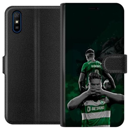 Yhteensopiva Lompakkokotelo Xiaomi Redmi 9A Neonmotiivi, jossa teksti "Gaming is in my DNA" sinisenä ja punaisena tiiliseinällä, jossa loistava DNA-sp