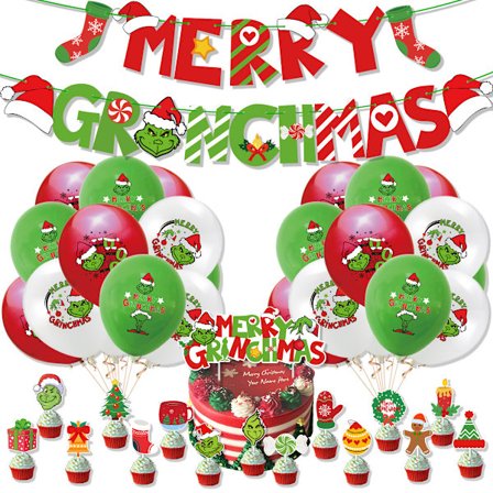 Grinch Julefest Pynt Ballongsett, Banner, Ballonger, Kake Topper Festartikler For Barn