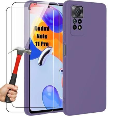 Etui + 2 hærdede briller til Xiaomi Redmi Note 12 Pro 4G, Note 11 Pro 4G-5G - Mørk lilla flydende silikonebeskyttelse mat effekt