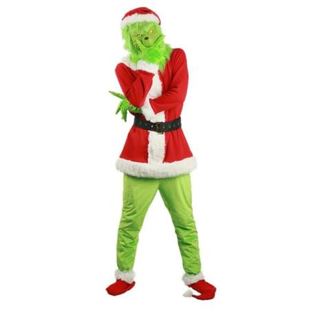 Julgrinch Deluxe tomtedräkt med grön rolig mask julhatt lurvig vuxentomtekostym Cosplaydräkt L