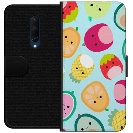 Kompatibel Tegnebogsetui til OnePlus 7T Pro Mønster af kawaii frugter som jordbær citron ananas og avocado på lyseblå baggrund