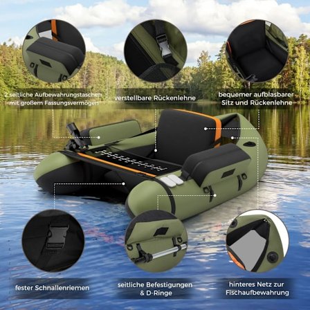 Oppusteligt fiskeflåd med justerbar ryglæn, 135x109x54 cm, Grøn