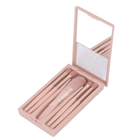5-pak Sminkebørstesæt Bærbar Multifunktionel Kosmetisk Børstesæt med Spejlæske Abrikosrosa