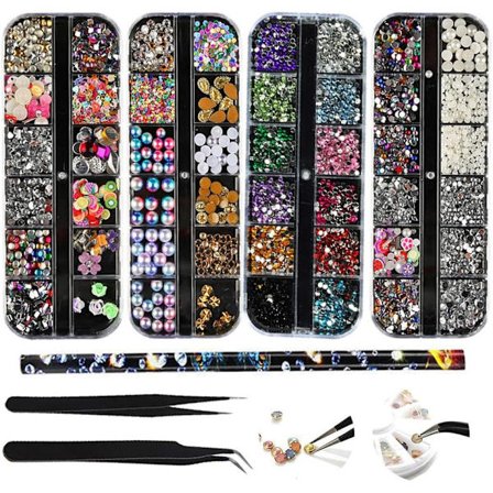 5 Packs Nail Art Rhinestone Sets Multi Design Accessories with 1 Tweezers Decoration Diamonds