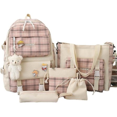 5 stk lerretsskole ryggsekk kombinasjonssett med Kawaii bjørn anheng søte nåler rutete håndtak skulder tote bag skolesekk (grønn)