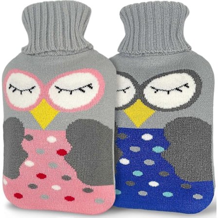 2L Varmtvannsflaske med trekk Stor Søt Gummi Varm (Pakke med 2) for Smertelindring, Kramper, Varm og Kald Terapi, Rosa Ugle og Grå Marineblå Ugle