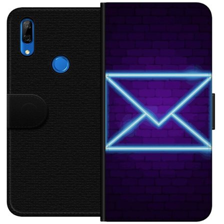 Yhteensopiva Lompakkokotelo Huawei Huawei P Smart Z Neonilta illuustraatio kirjekuoresta sinisessä valossa lila tiiliseinää vasten, nykyaikainen sy