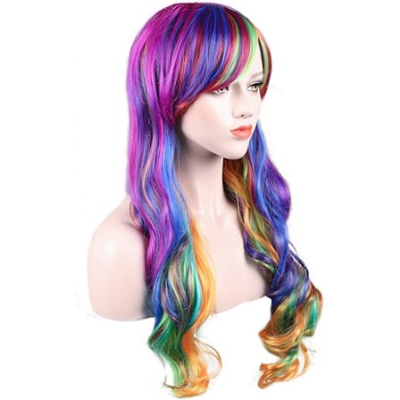 Krøllet regnbue paryk flerfarvet paryk til kvinder damer cosplay fest halloween kostume varmebestandige syntetiske parykker
