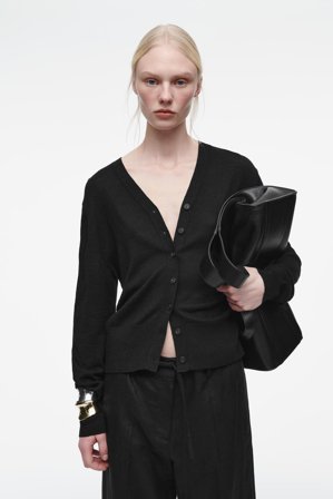 COS Women's Merino Wool Linen Blend V Neck Cardigan Sweater in Black