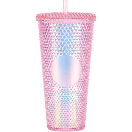 Dobbeltvæggede plastikglas med nitter, låg og sugerør, BPA-fri, 710 ml, pink-FA6-