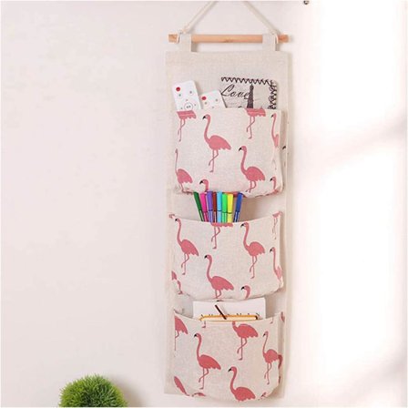 Väggmonterad förvaringsväska, 3 fickor förvaringsväska med vattentät PE-belagd insida för dörr, vägg, garderob, garderob (vit flamingo)