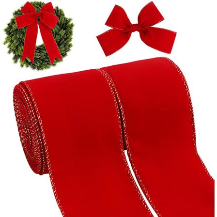 Ruller Jule Rød Fløjlsbånd med Guldkant 6,35 cm x 9,14 m Vintage Juleindpakningsbånd til Jule DIY Hjem Garland Bue Dørkrans