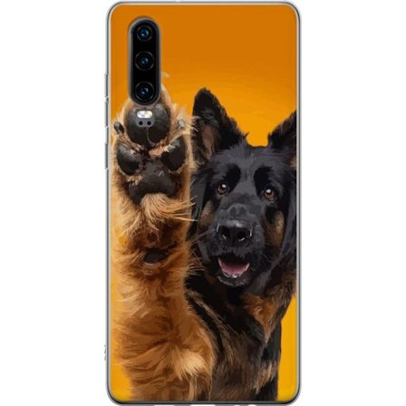 Kompatibelt Mobildeksel til Huawei P30 Glad hund vinker med labben sjarmert dyreportrett på gul bakgrunn perfekt for hundeelskere