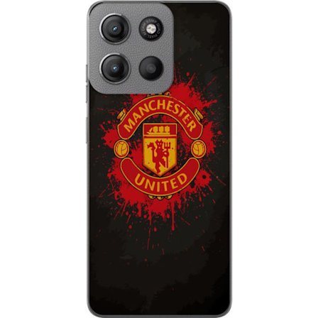Kompatibelt Mobildeksel til Motorola Motorola Moto G15 Manchester United logo i rød og gul farge med røff sportslig bakgrunn