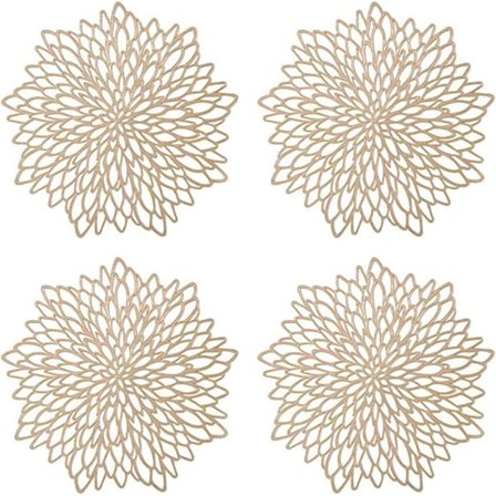 4 stk. Guld Pladmåtte, Hul Runde Pladmåtte, Runde Pladmåtter Plastik Bordmåtte, Brugt til Varmeisolering af Tallerken og Borddekoration (Guld)