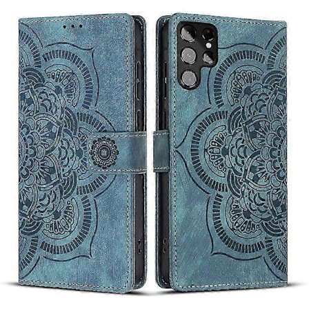 Hot tilbud til en lav pris! Frostet læderetui til Mandala Emed Retro Telefon Blå Blå-Happy Blå[GKS] Blå Til Samsung Galaxy S22 Ultra 5G
