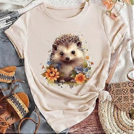 Muoti Naisten Söpö Eläin Siili Kukka Painatus T-paita Hauska Rento O-kaula Lyhythihainen T-paita Kesä Naisten T-paita (S beige)