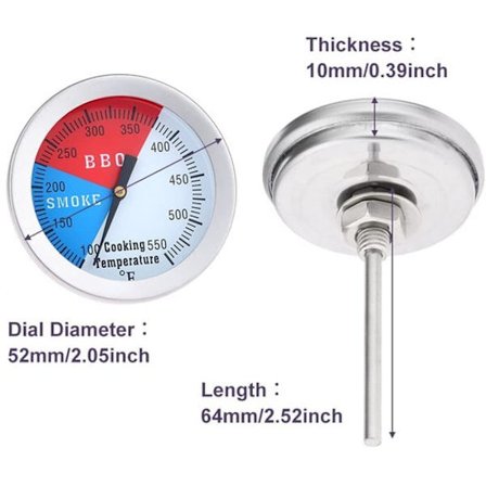 Grillovnstermometer - Stor skjerm, design i rustfritt stål - Egnet for røyking og kullfyr - Sølv