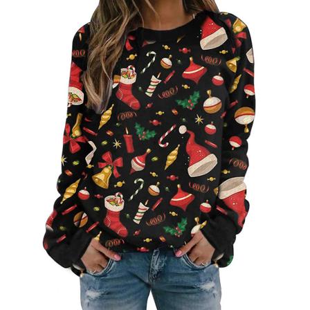 Naisten printed pitkähihainen uutuuspusero Party Xmas Crew Neck Casual Löysä neulepusero T-paita Topit Black Christmas Hat M