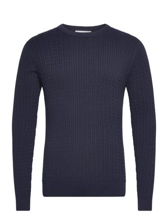 Slhberg Cable Crew Neck Noos Tops Knitwear Round Necks Navy Selected Homme
