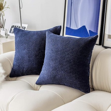 Blå Kuddar för Soffa, Marinblå Dekorativa Kuddfodral, Set om 2, Randig Plysch Manchester Soffbänk Sovrum, 45x45 cm, Marinblå