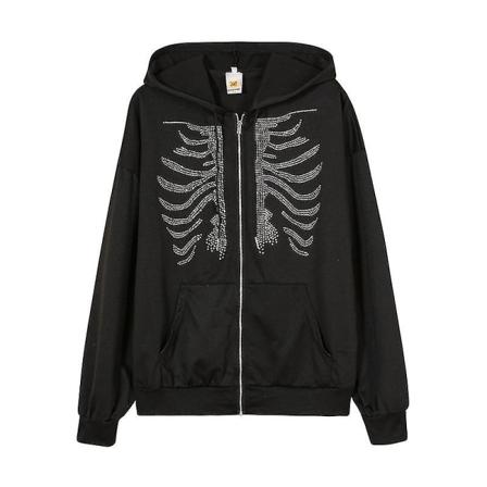 Y2k Rhinestone Skelett Hoodies Kvinnor Gotisk Svart Dragkedja Överdimensionerade Tröjor Kvinnlig Retro Harajuku Huvtröja Streetwear Blue,S