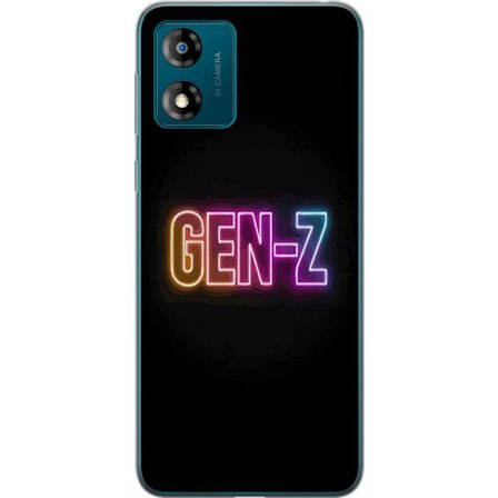 Kompatibel Mobilcover til Motorola Motorola Moto E13 Neontekst Gen Z i farverigt lys mod en mørk baggrund i moderne digital stil