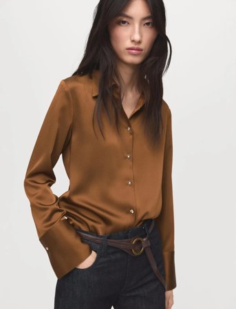 Mango Satin Finish Flowy Shirt - Brown - L
