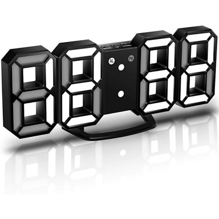 3D LED veggklokke, digital veggklokke, digital klokke, 3D LED alarmklokke med 3 justerbar lysstyrke digital hvit